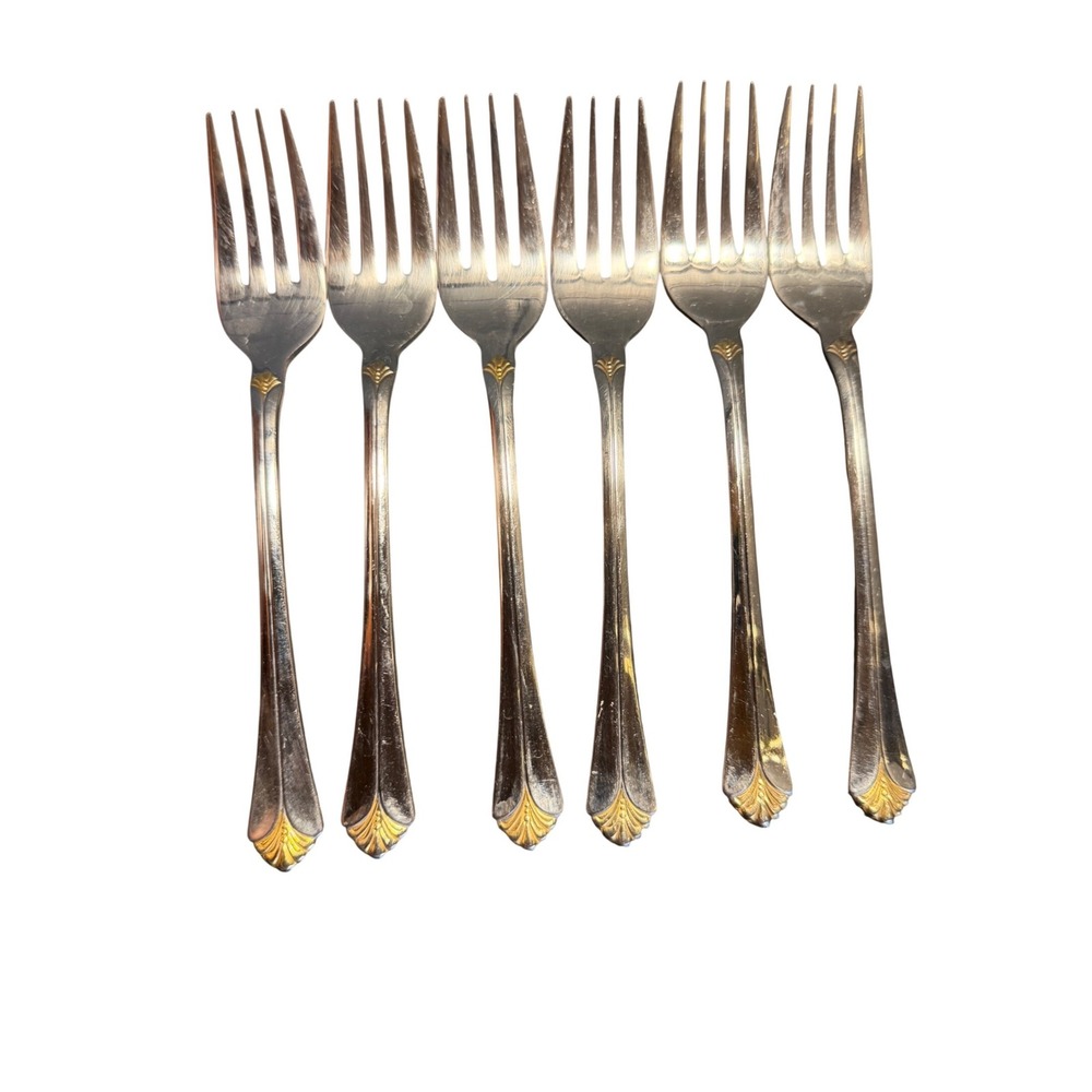Towle Santa Barbara Salad Forks Set of 6 Stainless Steel‎ Gold Accent 7 Inch